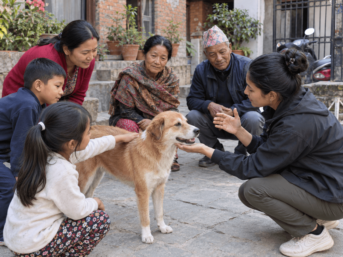 A Nepali animal-welfare volunteer sharing safe ways to care for a community dog