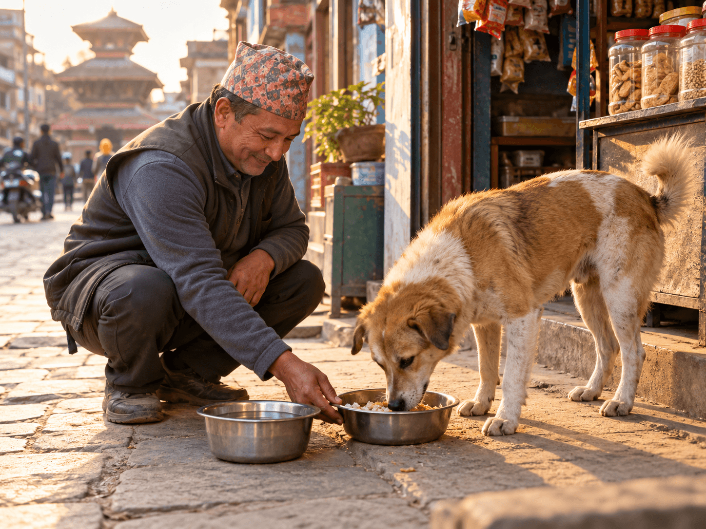 A neighbour feeding a community dog outside a shop