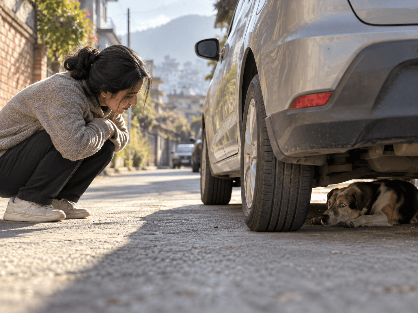 A person checking near a parked vehicle where a dog is resting safely