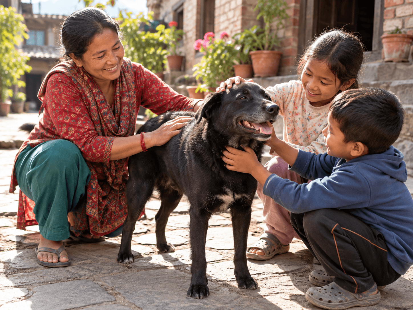 A family warmly caring for a black community dog