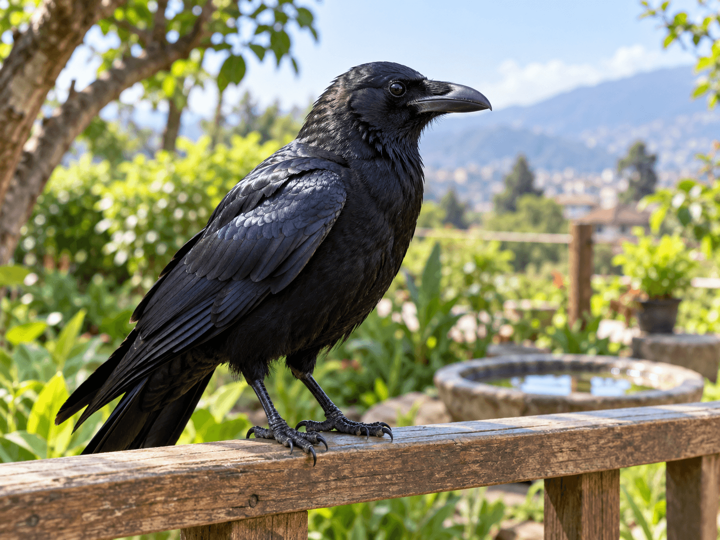 A healthy crow perched in a shelter garden