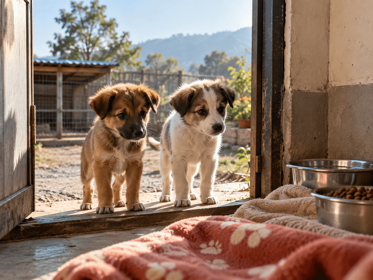 Two puppies at the doorway of a safe shelter